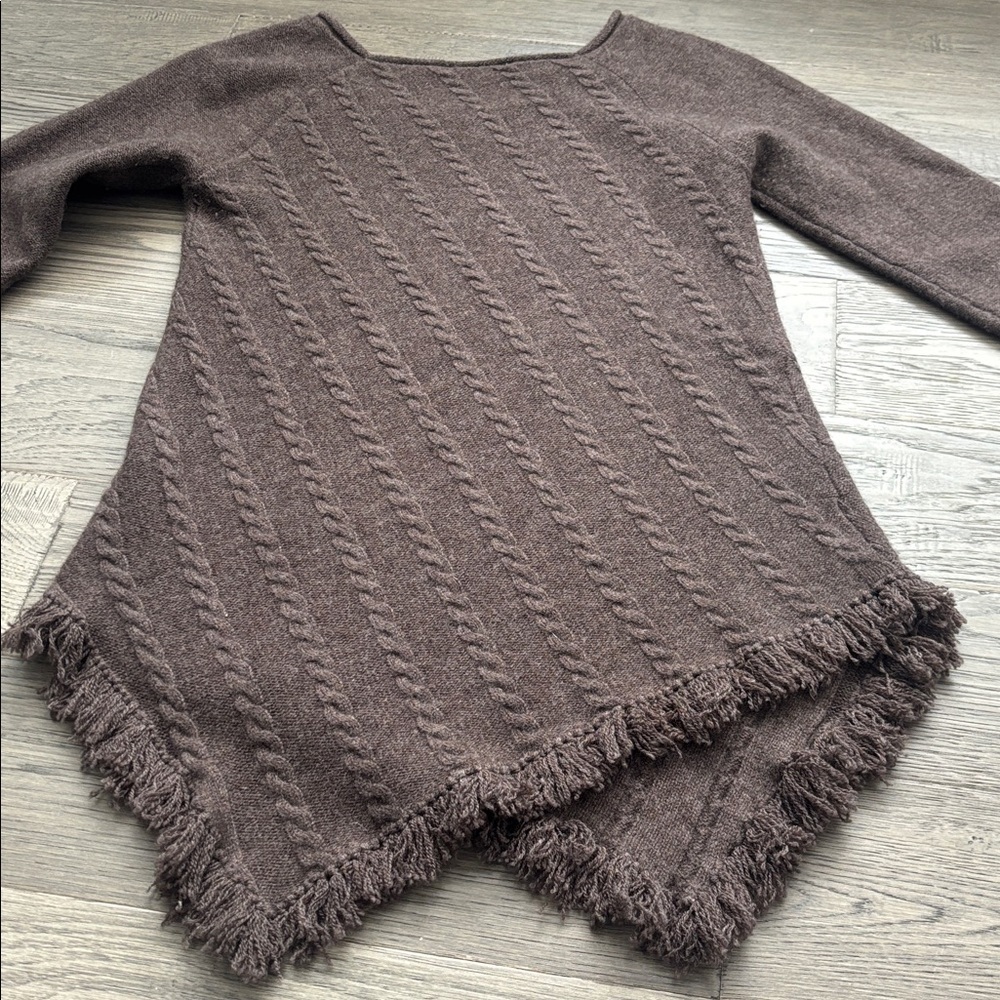 Raffi |100% Cashmere Chocolate Brown Cable Knit Scoop Neck Sweater Fringe Hem SM - Picture 13 of 14